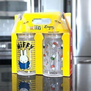 Miffy 16 oz. Reusable Tumbler Drinking Glassware Set of 2 with Lids & Straws